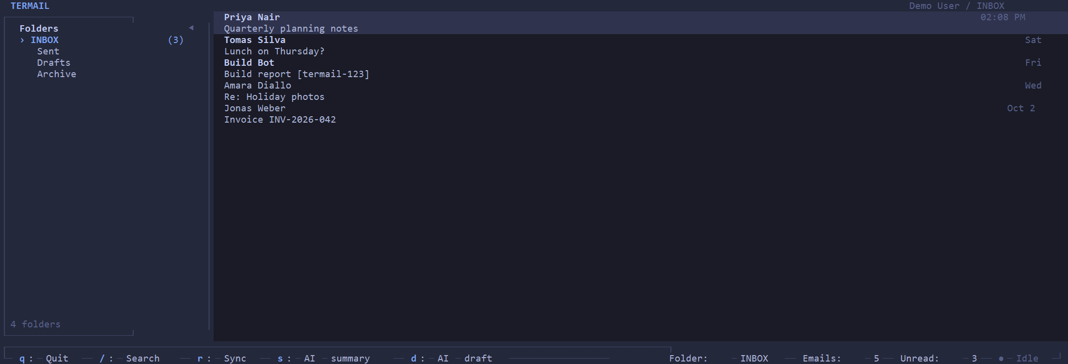 Termail terminal inbox with folders on the left and a message list on the right, using synthetic demo data